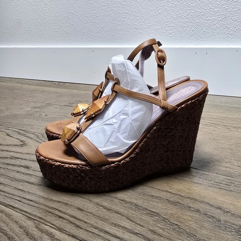 Anya Hindmarch Teak Woody Woven Leather Platform Wedge Sandal in Tan